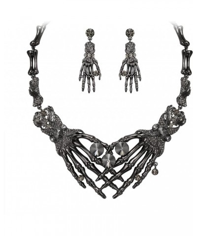 Austrian Crystal Halloween Skeleton Hand Skull Necklace Earrings Set Gray Black-Tone $11.96 Jewelry Sets