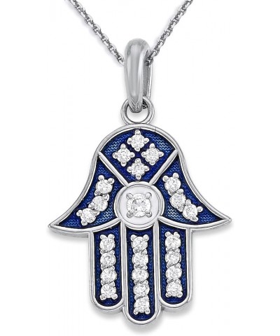 Hamsa Hand CZ Pendant Necklace in Sterling Silver, Cubic Zirconia, Blue Enamel, Made in America 16" Necklace $54.61 Necklaces