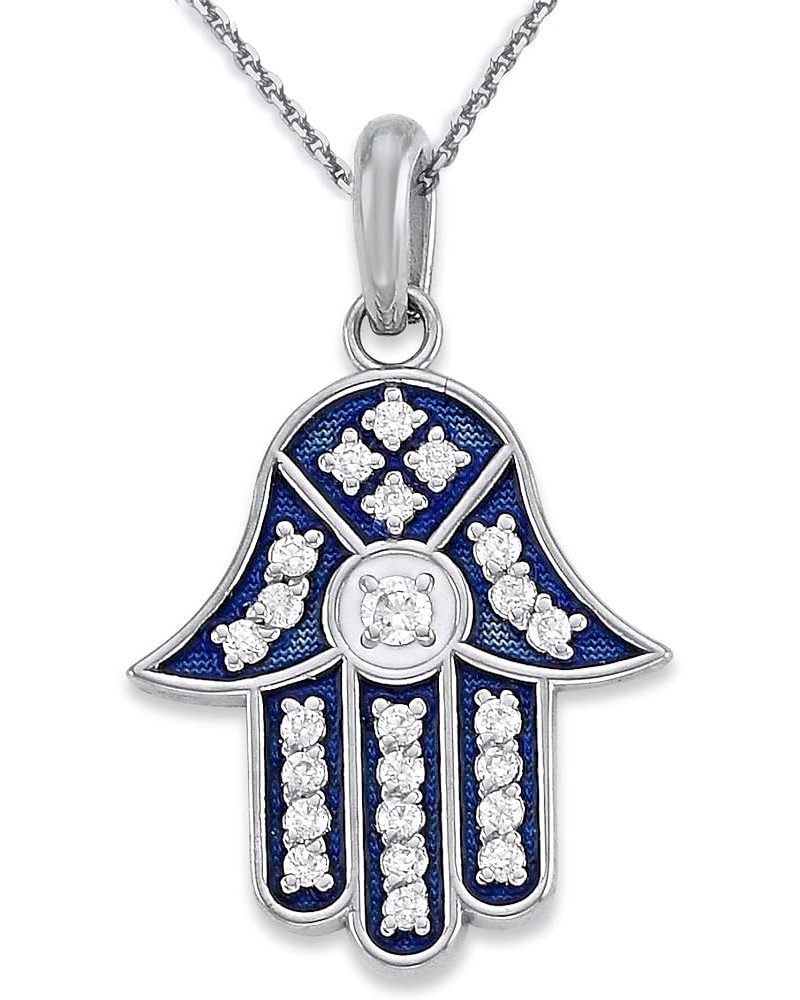 Hamsa Hand CZ Pendant Necklace in Sterling Silver, Cubic Zirconia, Blue Enamel, Made in America 16" Necklace $54.61 Necklaces