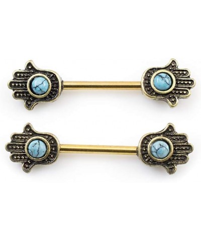 Pair of Nipple Barbells with Hamsa Hand Design and Turquoise Stone 14g Gold IP $8.88 Body Jewelry