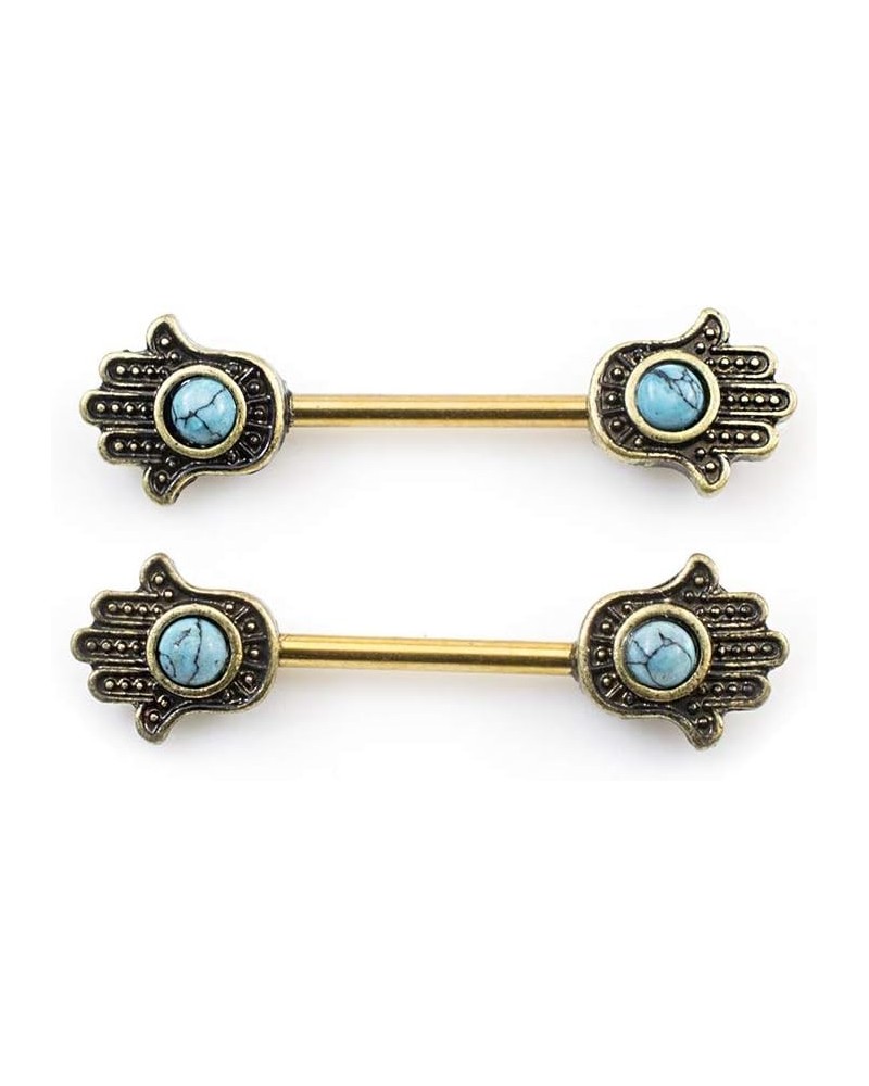 Pair of Nipple Barbells with Hamsa Hand Design and Turquoise Stone 14g Gold IP $8.88 Body Jewelry