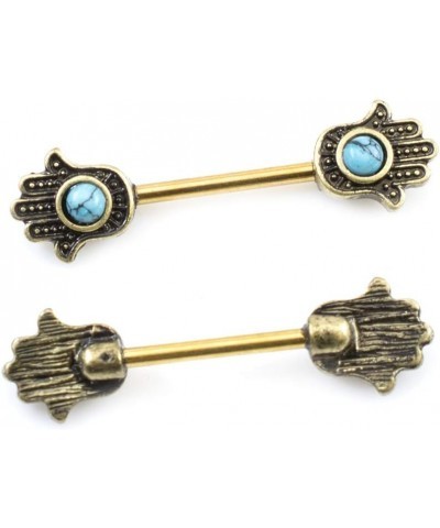 Pair of Nipple Barbells with Hamsa Hand Design and Turquoise Stone 14g Gold IP $8.88 Body Jewelry