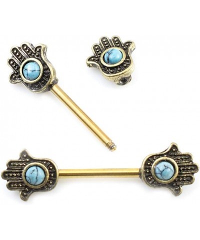 Pair of Nipple Barbells with Hamsa Hand Design and Turquoise Stone 14g Gold IP $8.88 Body Jewelry