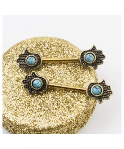 Pair of Nipple Barbells with Hamsa Hand Design and Turquoise Stone 14g Gold IP $8.88 Body Jewelry