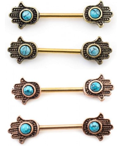 Pair of Nipple Barbells with Hamsa Hand Design and Turquoise Stone 14g Gold IP $8.88 Body Jewelry