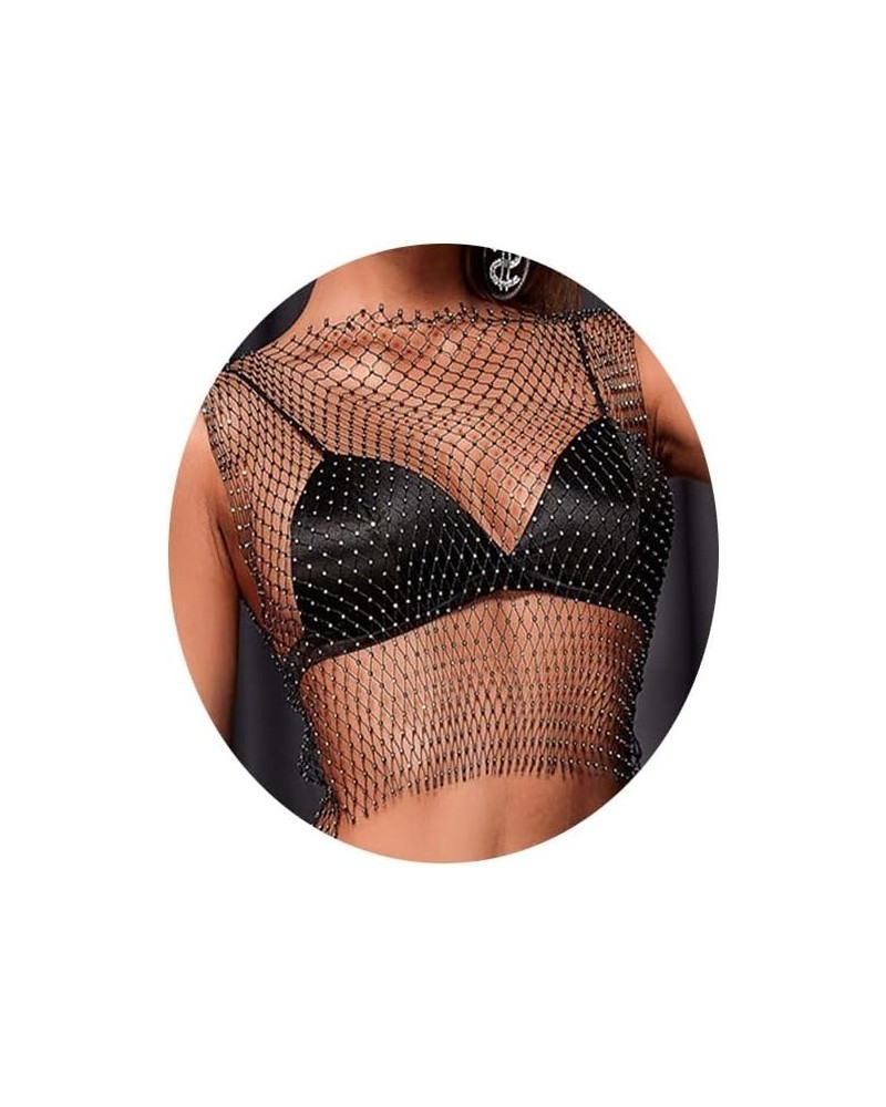 Crystal Mesh Body Chain Rhinestones Sexy Fishnet Crop Top Bra Cover Up Black Mesh See Through Tank Tops Nightclub Rave Chains...