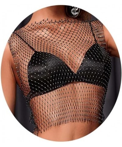 Crystal Mesh Body Chain Rhinestones Sexy Fishnet Crop Top Bra Cover Up Black Mesh See Through Tank Tops Nightclub Rave Chains...