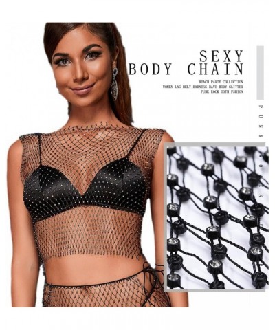 Crystal Mesh Body Chain Rhinestones Sexy Fishnet Crop Top Bra Cover Up Black Mesh See Through Tank Tops Nightclub Rave Chains...