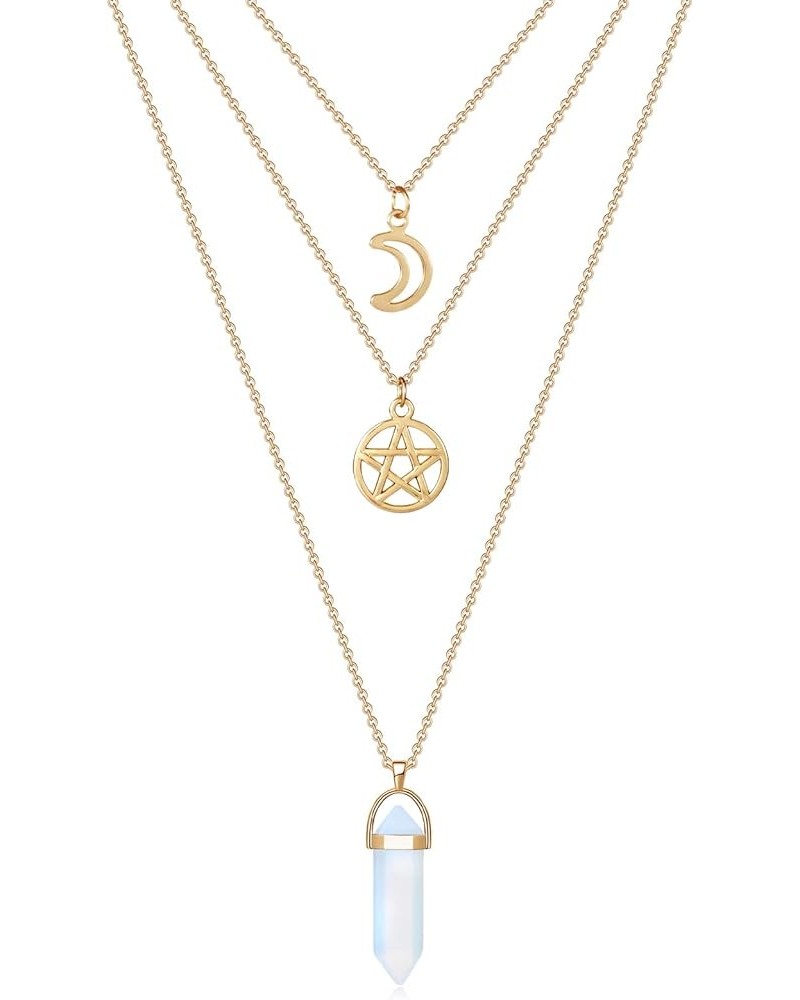 Moon Pentagram Necklace Y2K Pentacle Crystal Chakra Necklace Charm Pendant Multi Gold Layered Necklaces for Women Choker Neck...