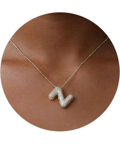 A-Z Bubble Letter Necklace Gold Balloon Initial Necklaces Rhinestone Letter Pendant Necklaces for Women Trendy Z $5.69 Necklaces