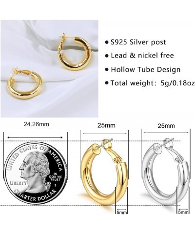 925 Sterling Silver Post Chunky Gold Hoop Earrings, 14K Gold Plated Earrings for Women Lightweight Hollow Tube 25mm-70mm Gold...