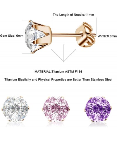 3 Pairs/Set Titanium Cubic Zirconia Stud Earrings Brilliant Cut Simulated Diamond CZ Earrings Hypoallergenic Ear Studs for Se...