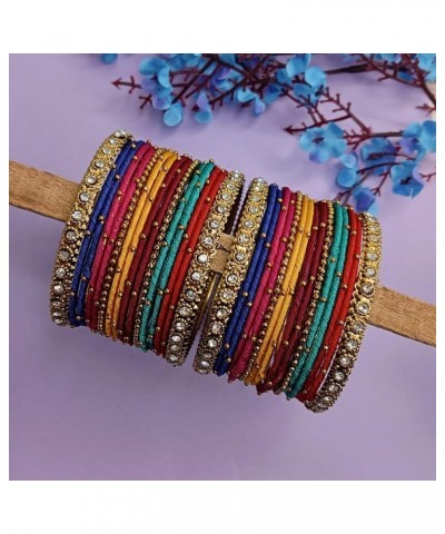 Indian Silk Thread Bangle Set with Oxidized Bangles Crystal Metal Ball Bangles Indian Bangles for Women for Wedding Party Boh...