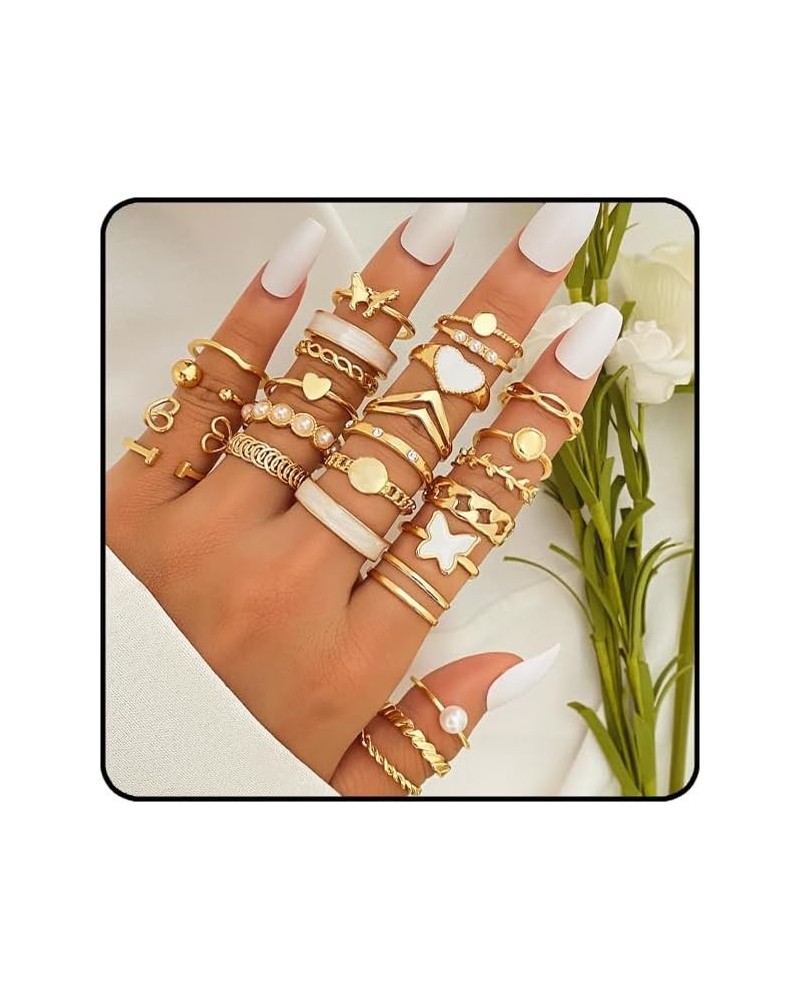 Gold Ring Sets for Women, Bohemian Stackable Joint Finger Rings Pack 14k Gold Butterfly Pearl Love Circle Openwork Ring Sets ...