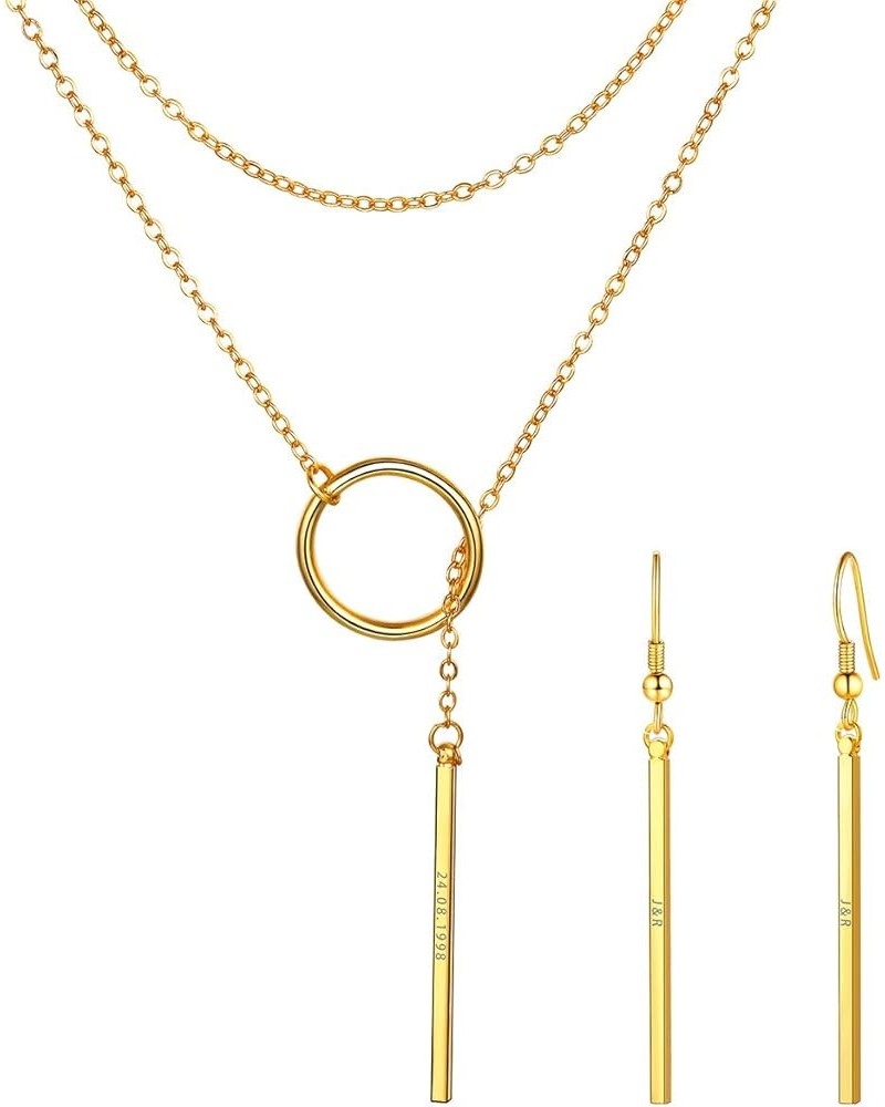 Long Necklaces for Women 14K Gold Plated Dainty Drop Bar Pendant Lariat Y-Shaped Necklace Earring Set 28inch/73cm 04:Gold Set...