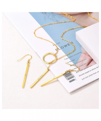 Long Necklaces for Women 14K Gold Plated Dainty Drop Bar Pendant Lariat Y-Shaped Necklace Earring Set 28inch/73cm 04:Gold Set...