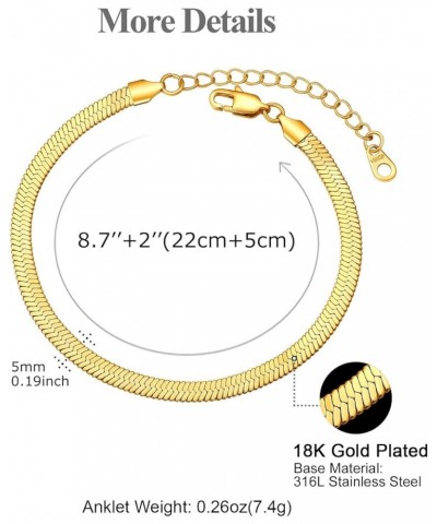 18K Gold Plated Ankle Bracelets for Women, Waterproof Stainless Steel Flat Snake Chain Anklet Bracelets 8.7"+2"(4 colors) A:5...