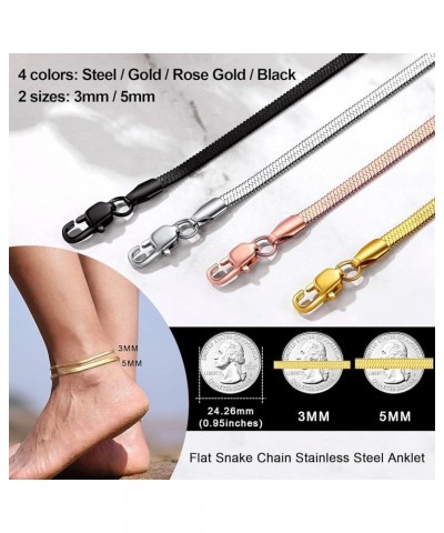 18K Gold Plated Ankle Bracelets for Women, Waterproof Stainless Steel Flat Snake Chain Anklet Bracelets 8.7"+2"(4 colors) A:5...