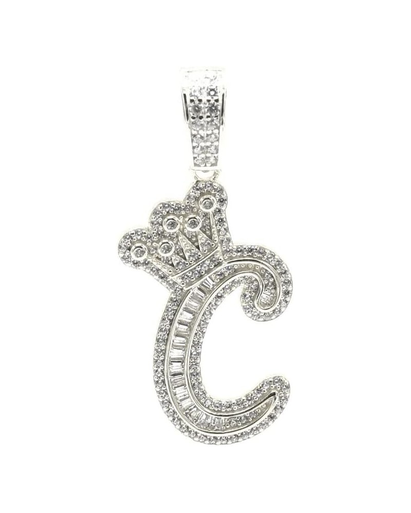 Unisex Real Solid 925 Sterling Silver Baguette Cubic Zirconia Crown Initial Letter Alphabet A-Z Pendant Medium 1'' Length Ini...