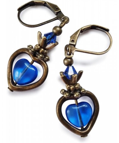 Sapphire Blue Quartz Heart Earring Bronze Leverback Handcrafted Rhinestone Earrings For Women Set + Gift Box For Free $7.86 E...