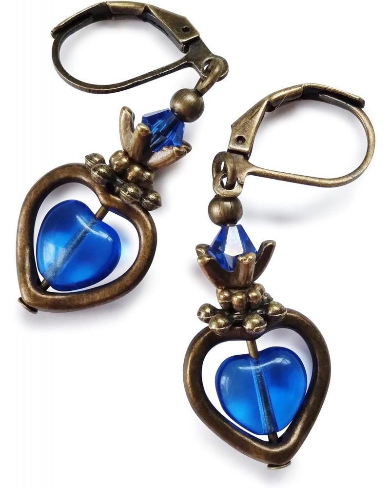 Sapphire Blue Quartz Heart Earring Bronze Leverback Handcrafted Rhinestone Earrings For Women Set + Gift Box For Free $7.86 E...