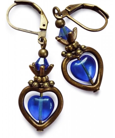 Sapphire Blue Quartz Heart Earring Bronze Leverback Handcrafted Rhinestone Earrings For Women Set + Gift Box For Free $7.86 E...