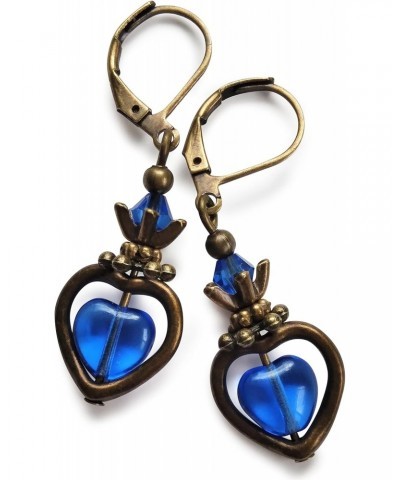 Sapphire Blue Quartz Heart Earring Bronze Leverback Handcrafted Rhinestone Earrings For Women Set + Gift Box For Free $7.86 E...