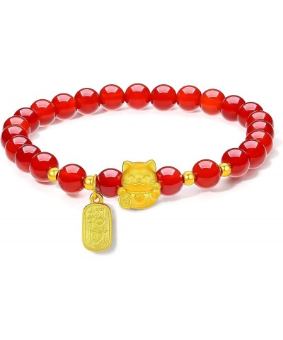 24K Solid Gold Bracelet, Real Pure Gold Jewelry Dainty Fortune Cat Bag Lucky Plate Red Agate Bead Bracelet Fortune Cat $79.05...