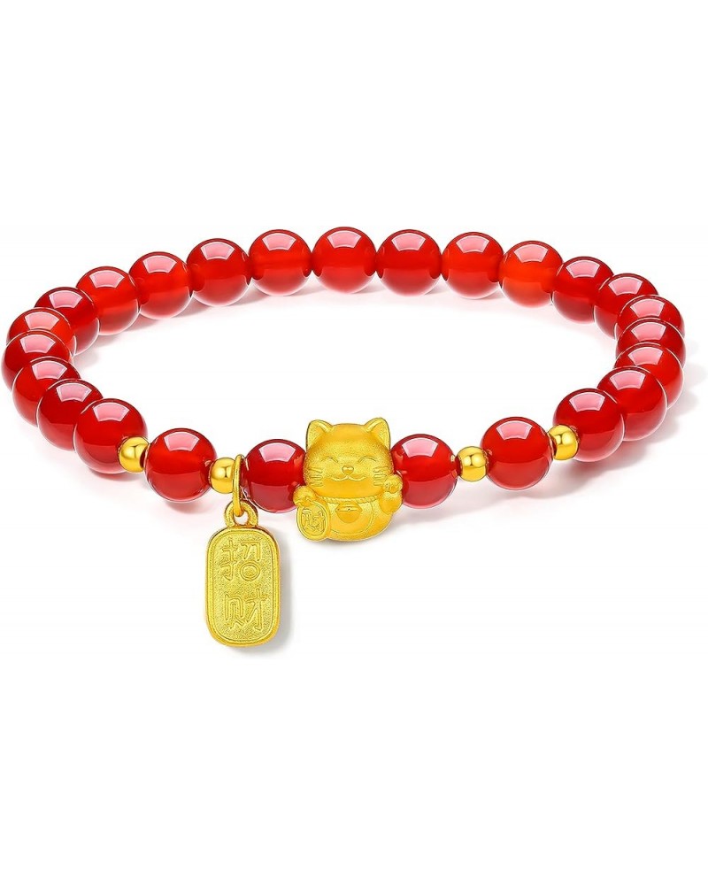 24K Solid Gold Bracelet, Real Pure Gold Jewelry Dainty Fortune Cat Bag Lucky Plate Red Agate Bead Bracelet Fortune Cat $79.05...