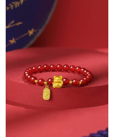 24K Solid Gold Bracelet, Real Pure Gold Jewelry Dainty Fortune Cat Bag Lucky Plate Red Agate Bead Bracelet Fortune Cat $79.05...