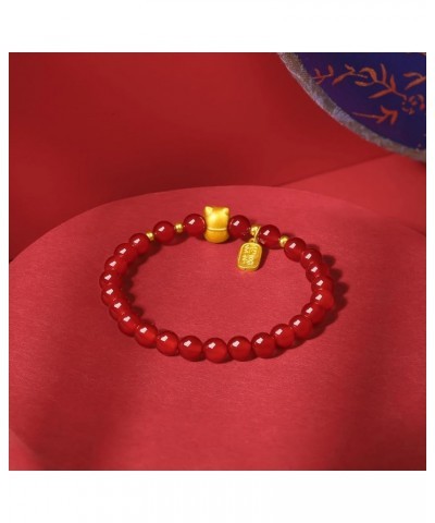 24K Solid Gold Bracelet, Real Pure Gold Jewelry Dainty Fortune Cat Bag Lucky Plate Red Agate Bead Bracelet Fortune Cat $79.05...