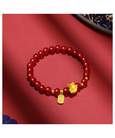 24K Solid Gold Bracelet, Real Pure Gold Jewelry Dainty Fortune Cat Bag Lucky Plate Red Agate Bead Bracelet Fortune Cat $79.05...