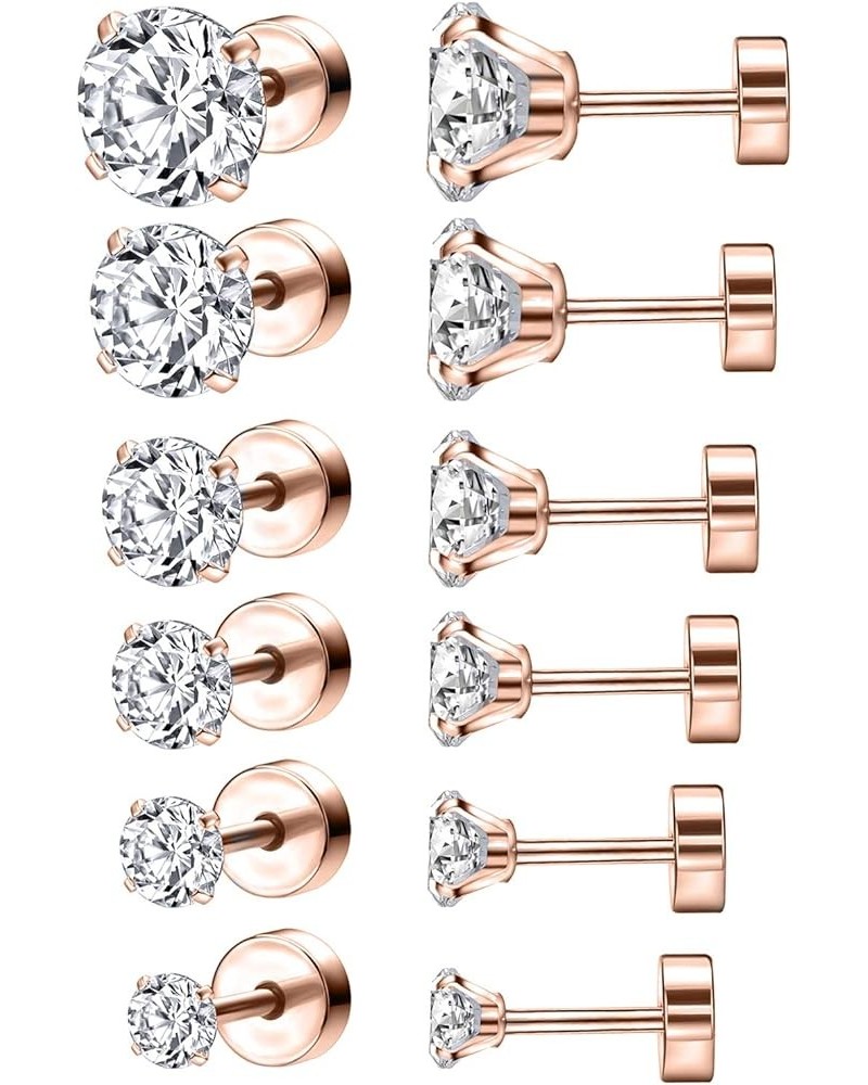 6 Pairs Shiny Round Cubic Zirconia Surgical Steel Stud Earrings Tragus Helix Conch Piercing Cartilage Sets 6 Pairs.3-8mm Cubi...