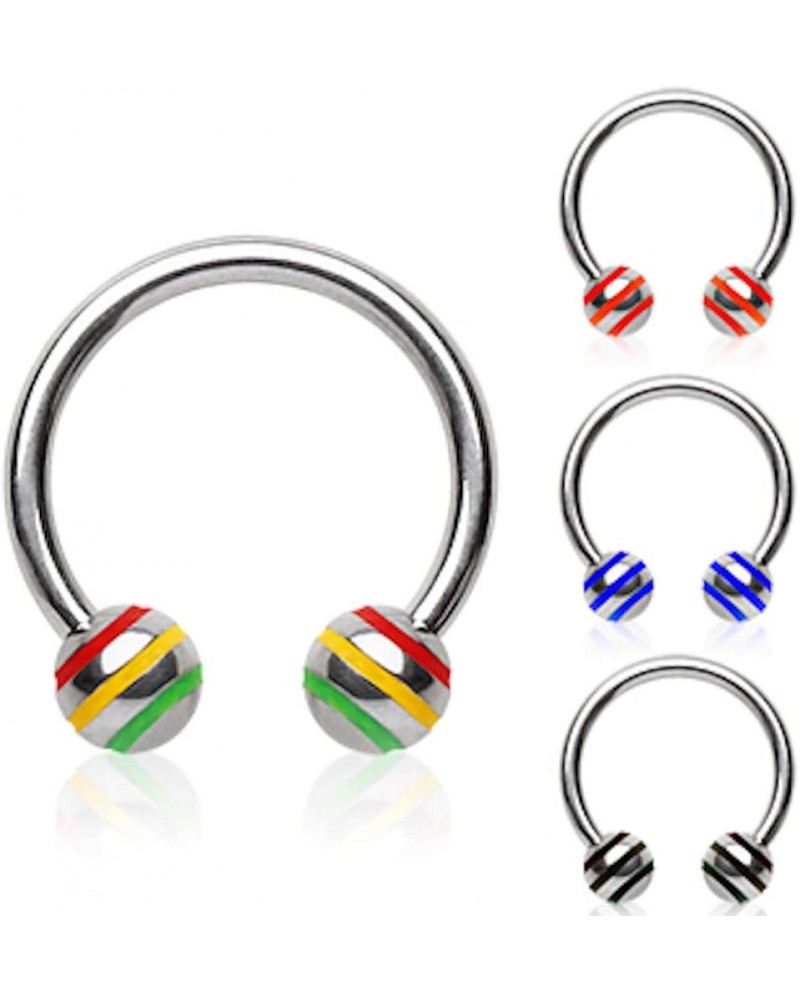 316L Surgical Steel Horseshoes with Two 3 Striped Balls 14GA, L: 1/2", Ball Size: 5mm, Blue $9.00 Body Jewelry