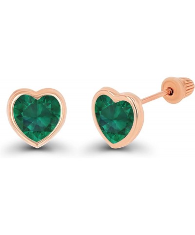 Solid 14K Gold Hypoallergenic 6mm Heart Shaped Birthstone Polished Bezel Screw Back Stud Earrings Emerald Created Rose Gold $...