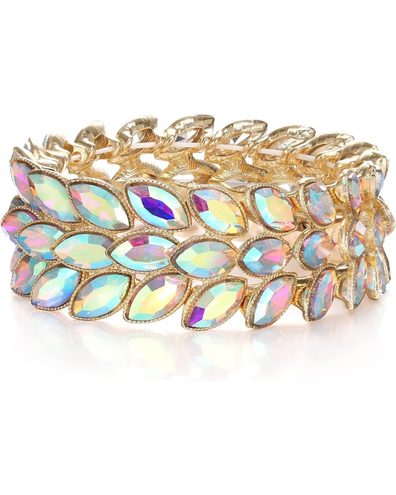 Rhinestone Art Deco Wrist Jewelry for Prom 3 Marquise Crystal Leaf Elastic Stretch Bracelet Iridescent AB Gold-Tone $8.82 Bra...