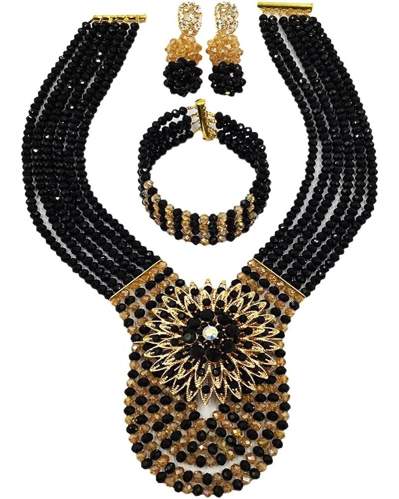 Women's Fashion Beaded Crystal Nigerian Bridal Wedding Party Necklace African Beads Jewelry Set Black and Champagne Gold $17....