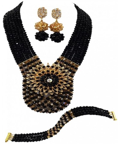 Women's Fashion Beaded Crystal Nigerian Bridal Wedding Party Necklace African Beads Jewelry Set Black and Champagne Gold $17....