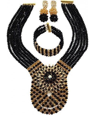 Women's Fashion Beaded Crystal Nigerian Bridal Wedding Party Necklace African Beads Jewelry Set Black and Champagne Gold $17....