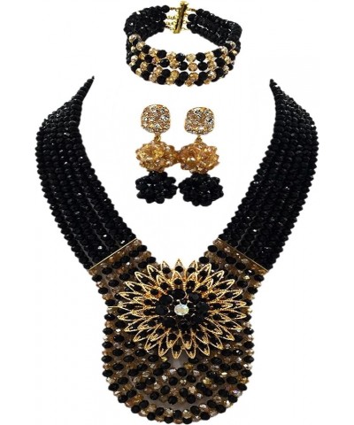 Women's Fashion Beaded Crystal Nigerian Bridal Wedding Party Necklace African Beads Jewelry Set Black and Champagne Gold $17....