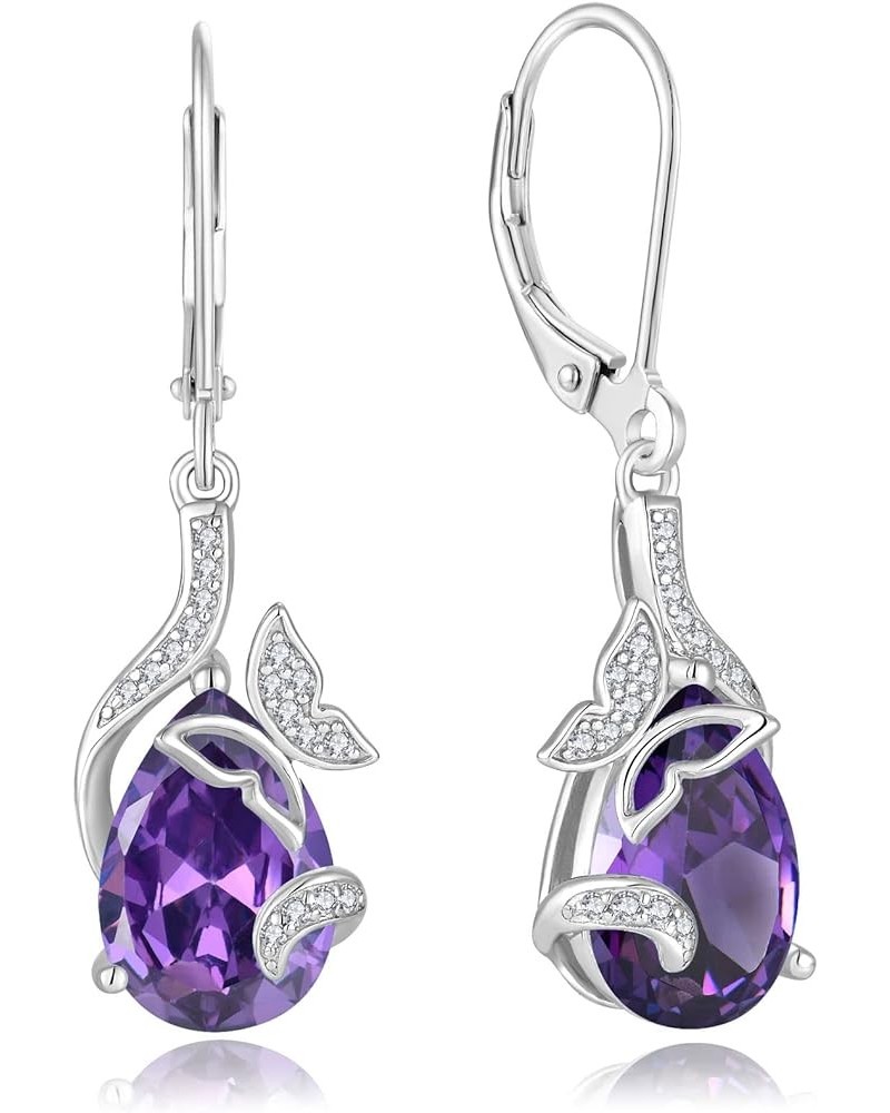 Dangle Drop Butterfly Earrings 925 Sterling Silver Teardrop Leverback Earrings Birthstones Jewelry Gifts for Women Amethyst $...