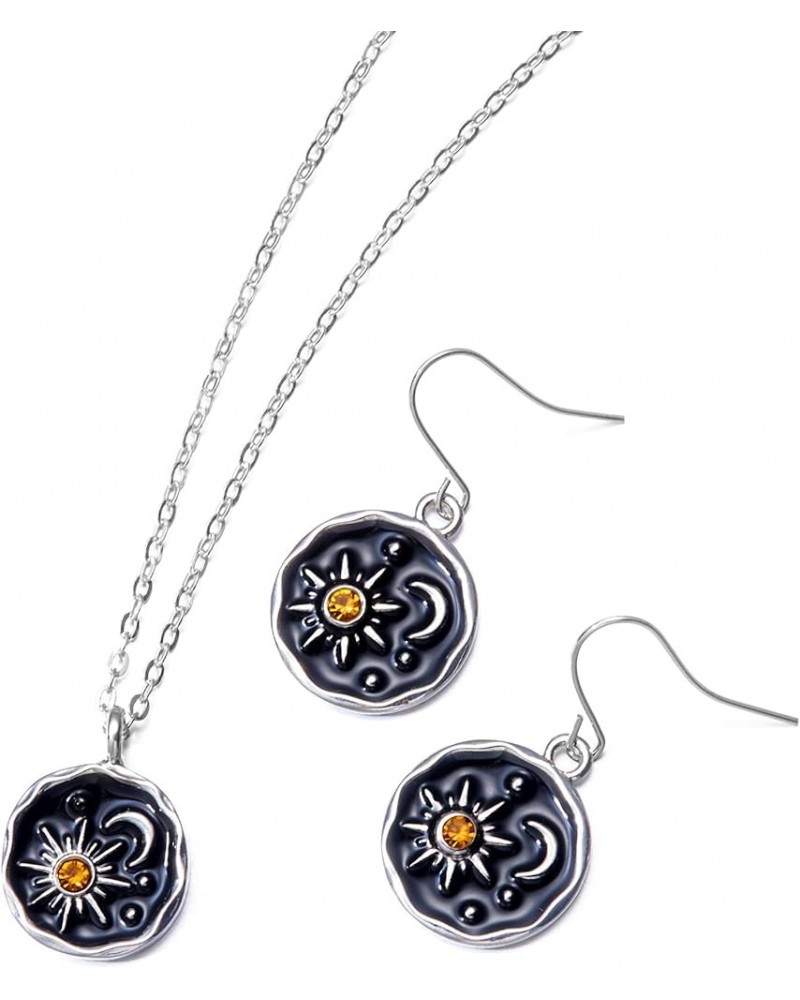 Retro Sun Moon Pendant Necklace Dangle Earrings Set Round Pendant Drop Earring Bohemian Hook Earring Statement Earrings for W...