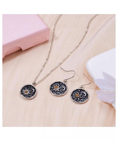 Retro Sun Moon Pendant Necklace Dangle Earrings Set Round Pendant Drop Earring Bohemian Hook Earring Statement Earrings for W...