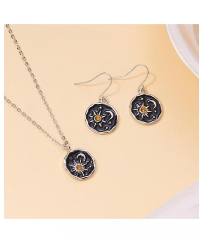 Retro Sun Moon Pendant Necklace Dangle Earrings Set Round Pendant Drop Earring Bohemian Hook Earring Statement Earrings for W...