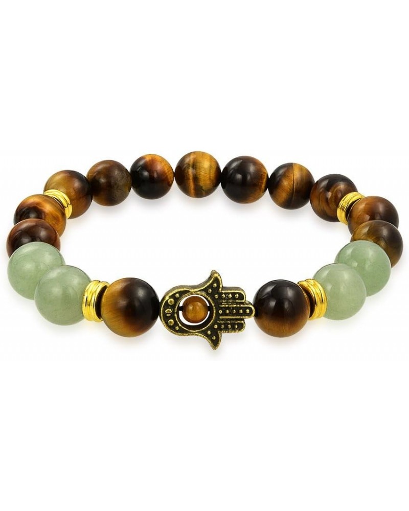 Unisex Talisman Amulet Stackable Gemstones Tiger Eye, New Jade, Serpentine, Black Lava Rock Hamsa Hand Stretch Bracelet for W...