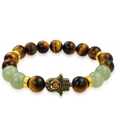 Unisex Talisman Amulet Stackable Gemstones Tiger Eye, New Jade, Serpentine, Black Lava Rock Hamsa Hand Stretch Bracelet for W...