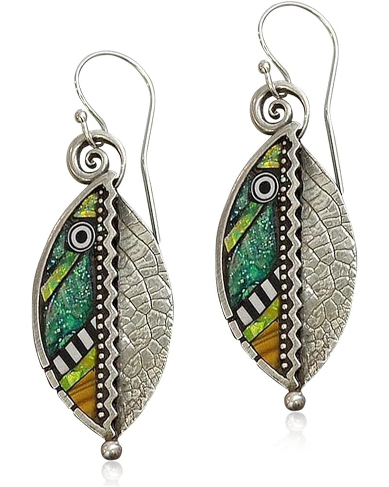 Unique Handmade Lightweight Bohemian Vintage Colorful Green abstract Enamel Leaf Earrings with Detailed Texture Chic Drop Dan...