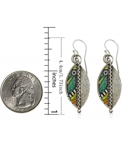 Unique Handmade Lightweight Bohemian Vintage Colorful Green abstract Enamel Leaf Earrings with Detailed Texture Chic Drop Dan...