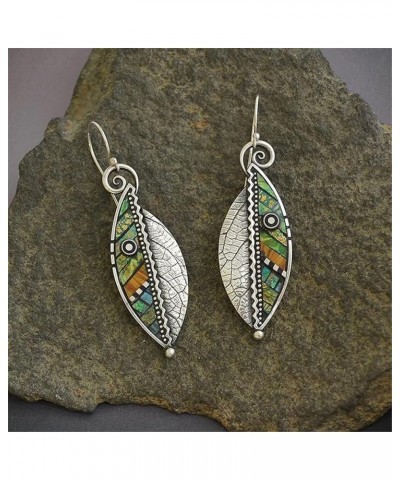 Unique Handmade Lightweight Bohemian Vintage Colorful Green abstract Enamel Leaf Earrings with Detailed Texture Chic Drop Dan...