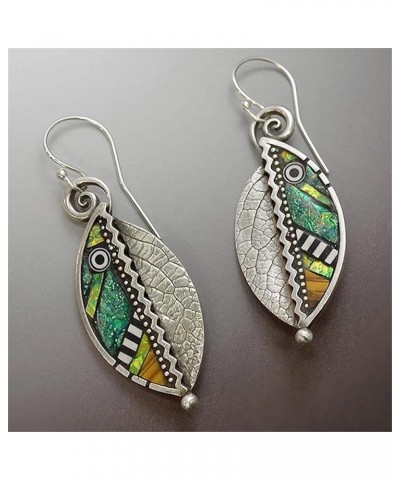 Unique Handmade Lightweight Bohemian Vintage Colorful Green abstract Enamel Leaf Earrings with Detailed Texture Chic Drop Dan...